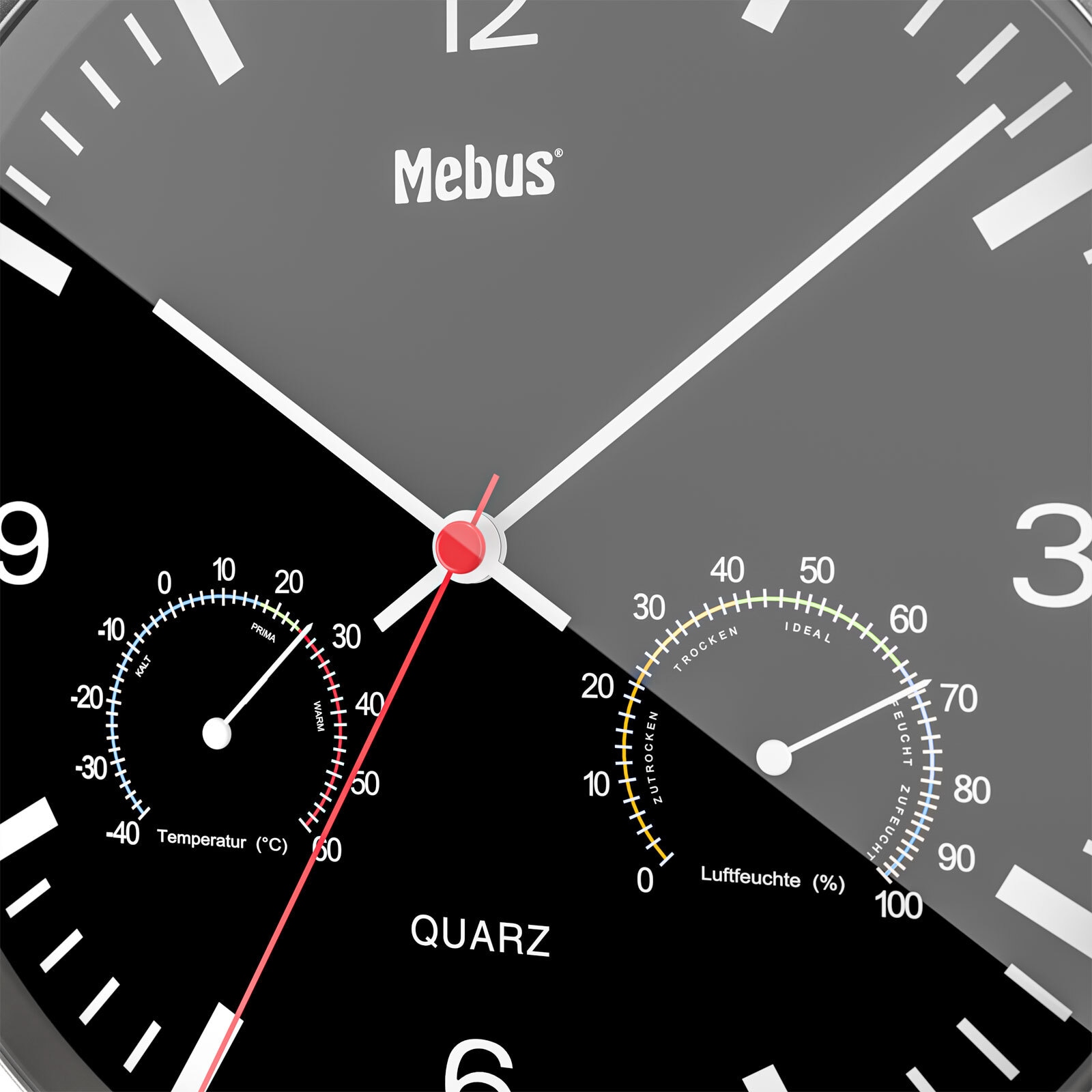Mebus Quarz-Wanduhr mit Thermo- und Hygrometer 25 cm schwarz