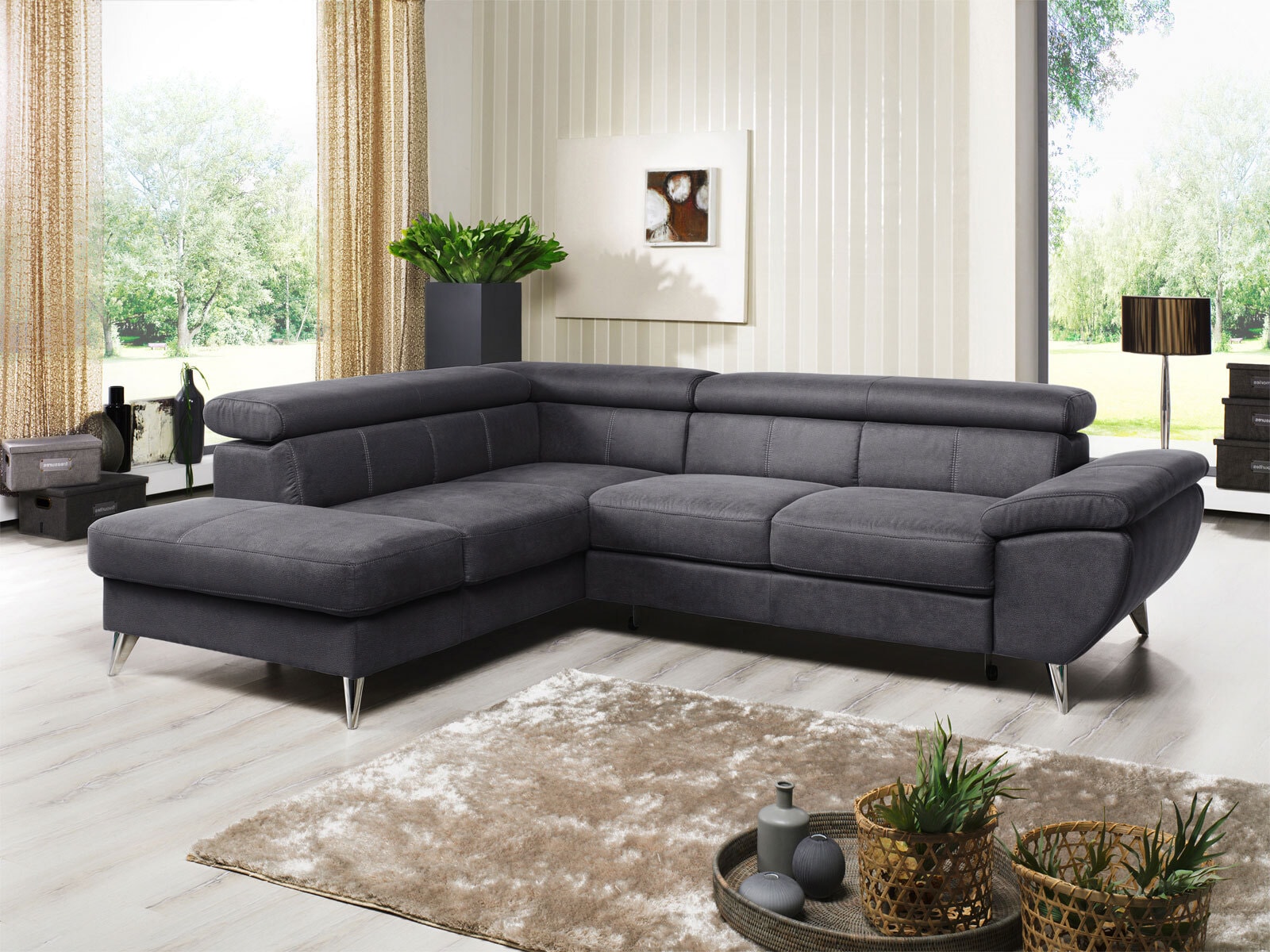 Ecksofa HALLS CREEK mit Schlaffunktion rechts 207 x 260 cm Stoffbezug anthrazitgrau