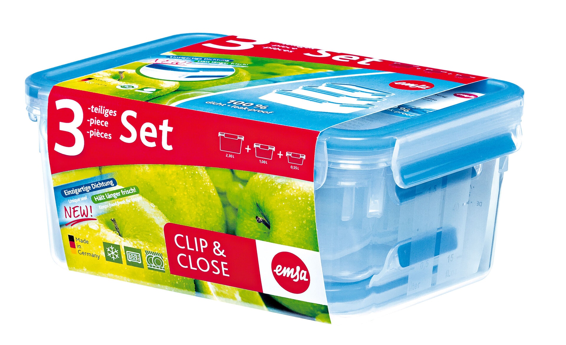EMSA Frischhaltedosen im 3er Set CLIP & CLOSE 0,55+1,0+2,3 Liter Blau