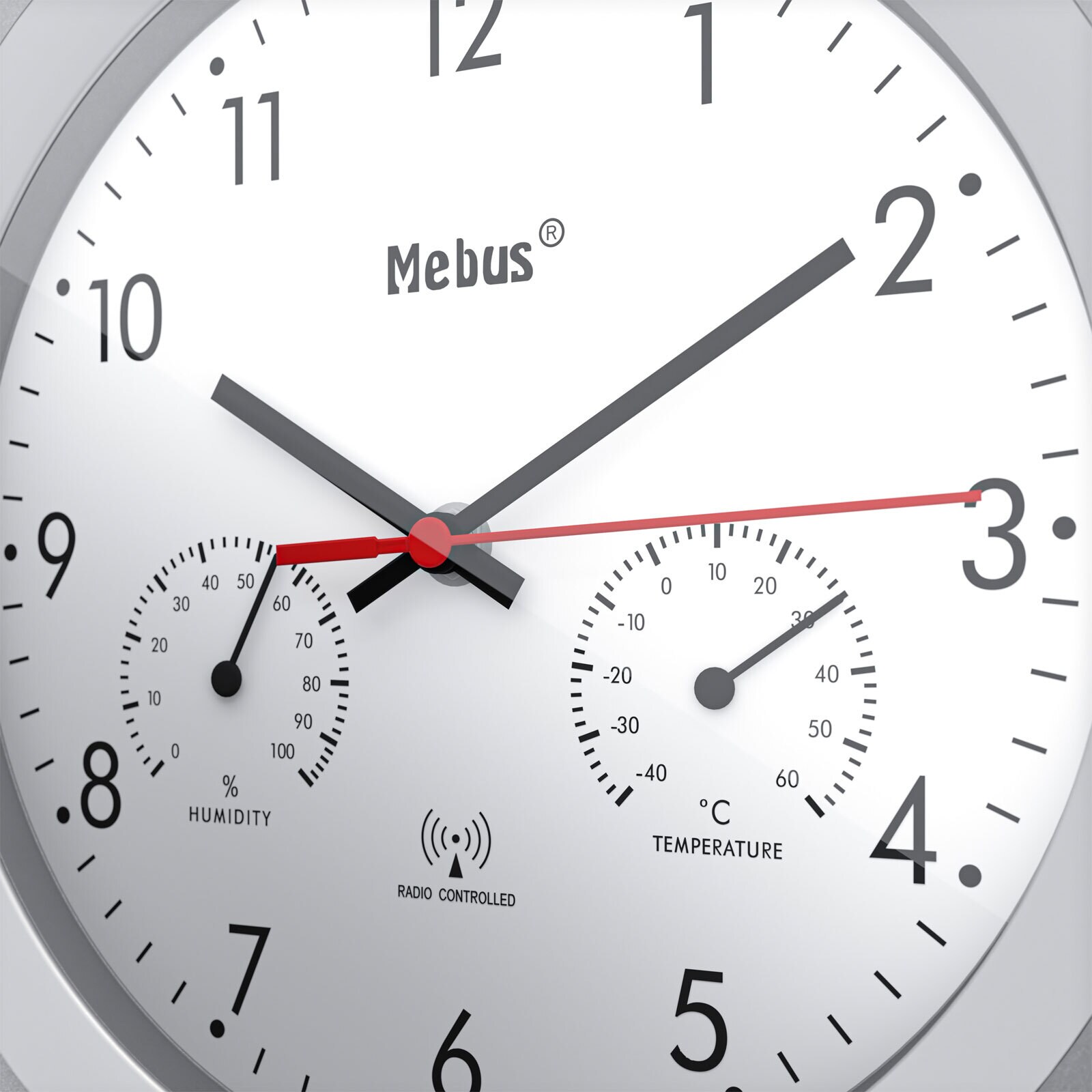 Mebus Funk-Wanduhr mit Thermo- und Hygrometer 30 cm silberfarbig