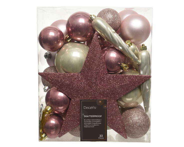 Weihnachtskugeln Mix 33-teilig bruchfest gold-pink