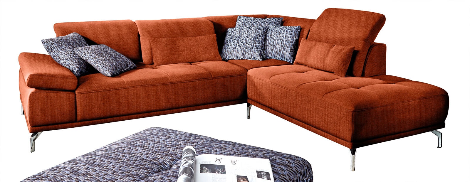 Ecksofa CALUNA 273 x 234 cm Stoffbezug terraorange