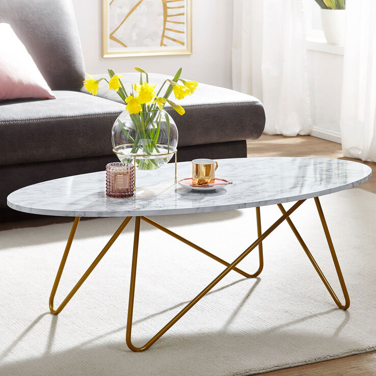 Couchtisch 120 x 60 cm Goldfarbig/ Marmor Optik Weiß