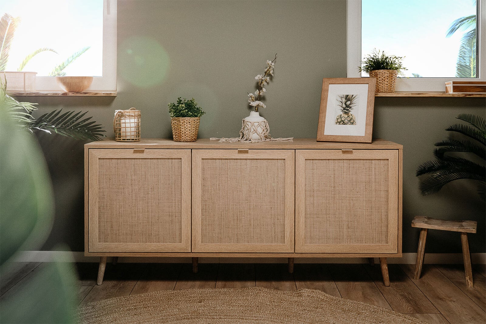 Sideboard BALI 150 x 71 cm Sonoma Eiche/ Rafia Geflecht