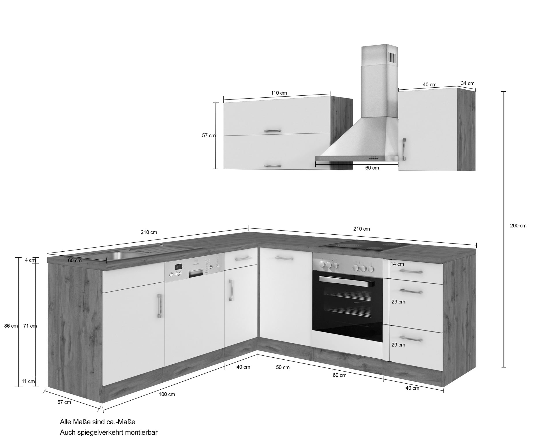 Winkelzeile ODENSE 210 x 210 cm Graphit/ Wotan-Eiche Dekor