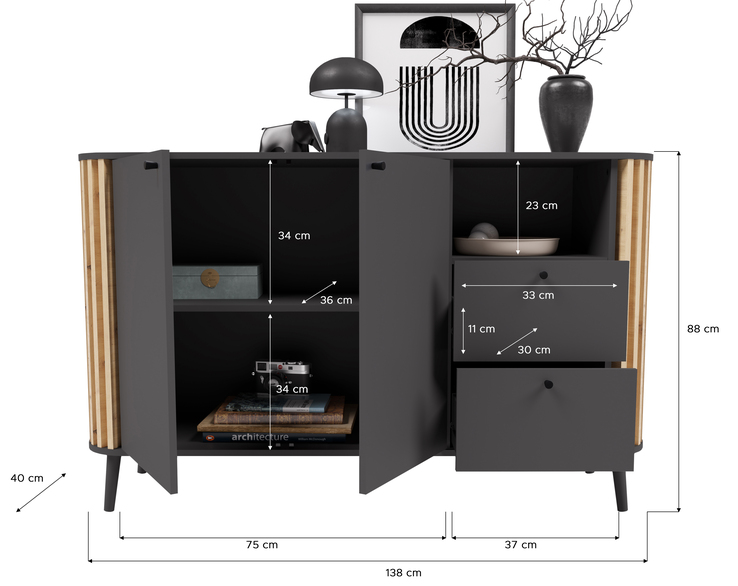 Sideboard PURE 138 x 88 cm grau-Dekor/Eiche-Dekor