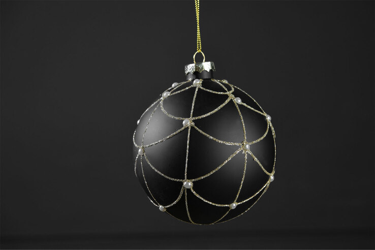casaNOVA Weihnachtskugel 10 cm schwarz matt /Glitzer goldfarbig & Perlen