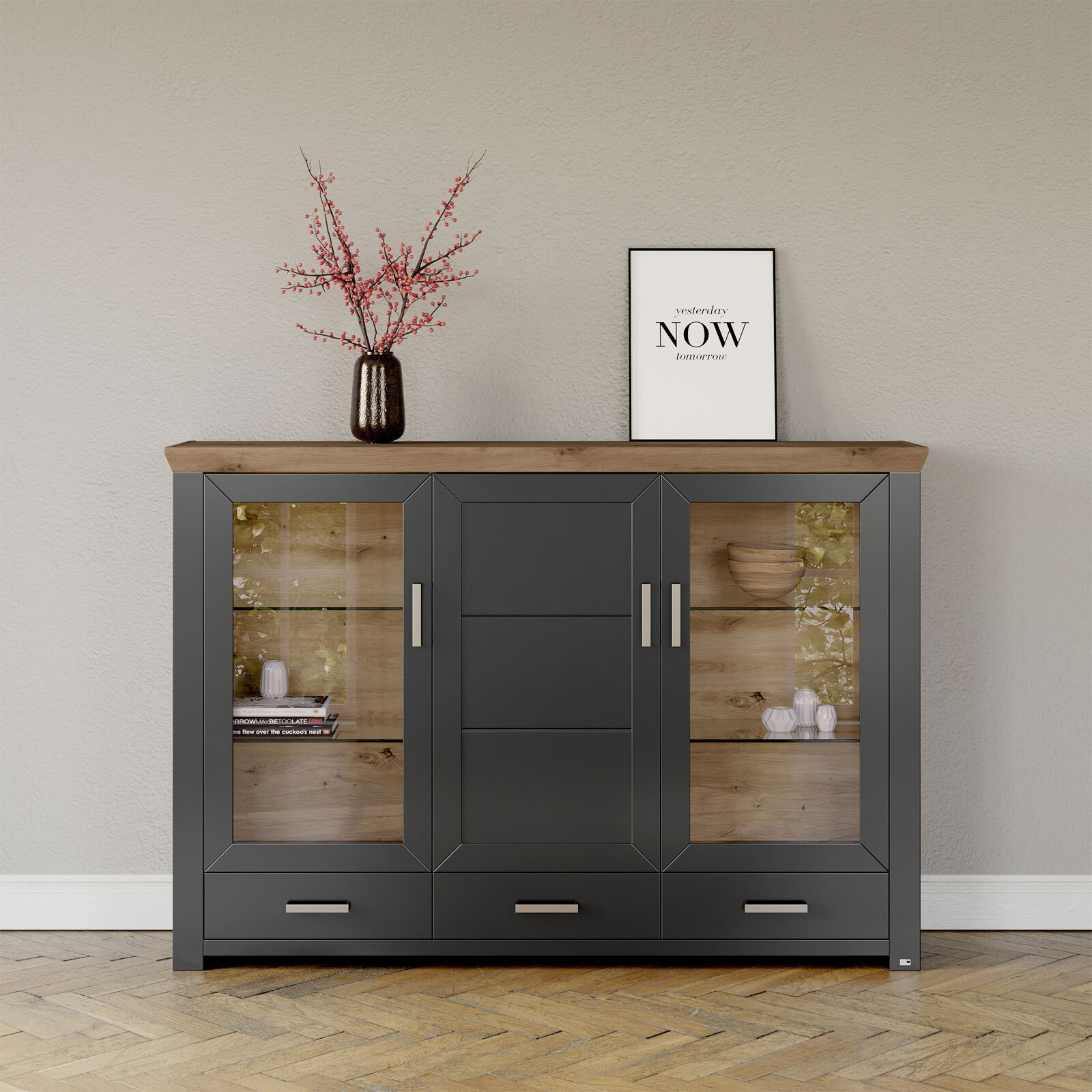 set one by Musterring Highboard YORK 57 anthrazit /Eiche Artisan