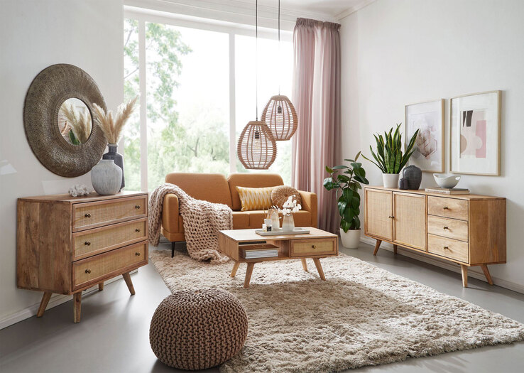 Sideboard 80 x 75 cm Mango massiv und Rattan
