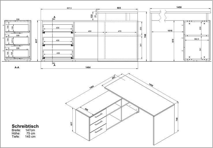 Winkelschreibtisch PASADENA 147 x 145 cm Anthrazit/ Weiß