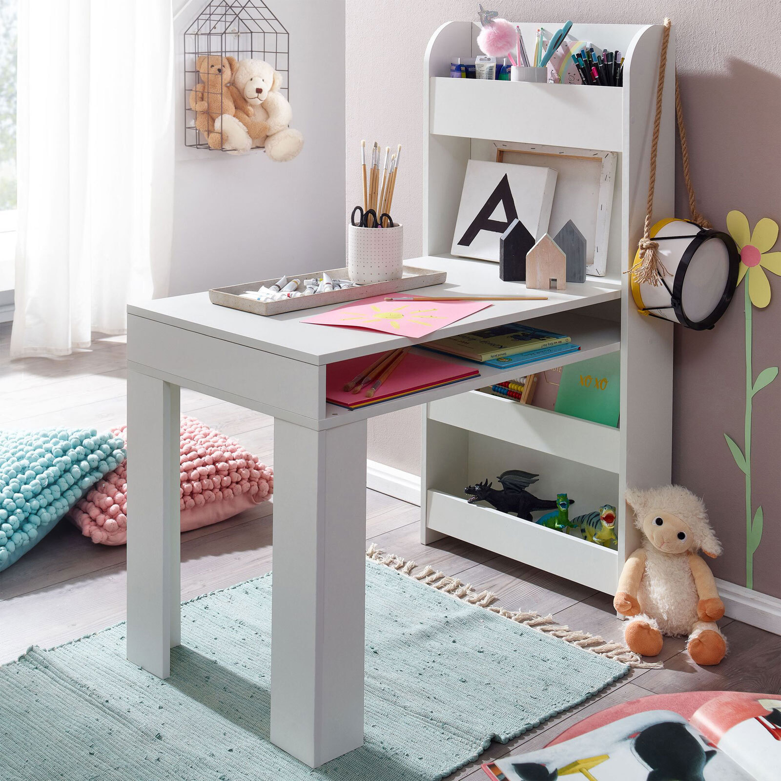 CASAVANTI Kinder Schreibtisch mit Regal 50 x 110 cm weiß