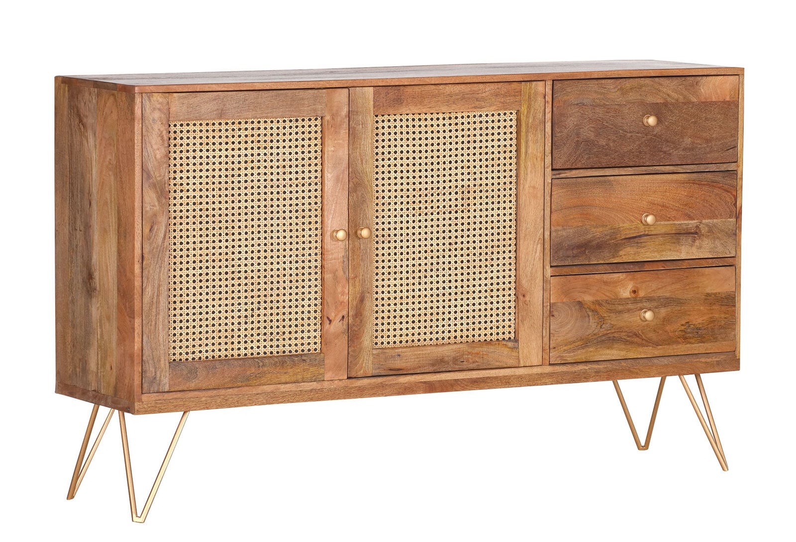 Sideboard GLORIA 145 x 87 cm Mango Massiv natur braun/Rattangeflecht