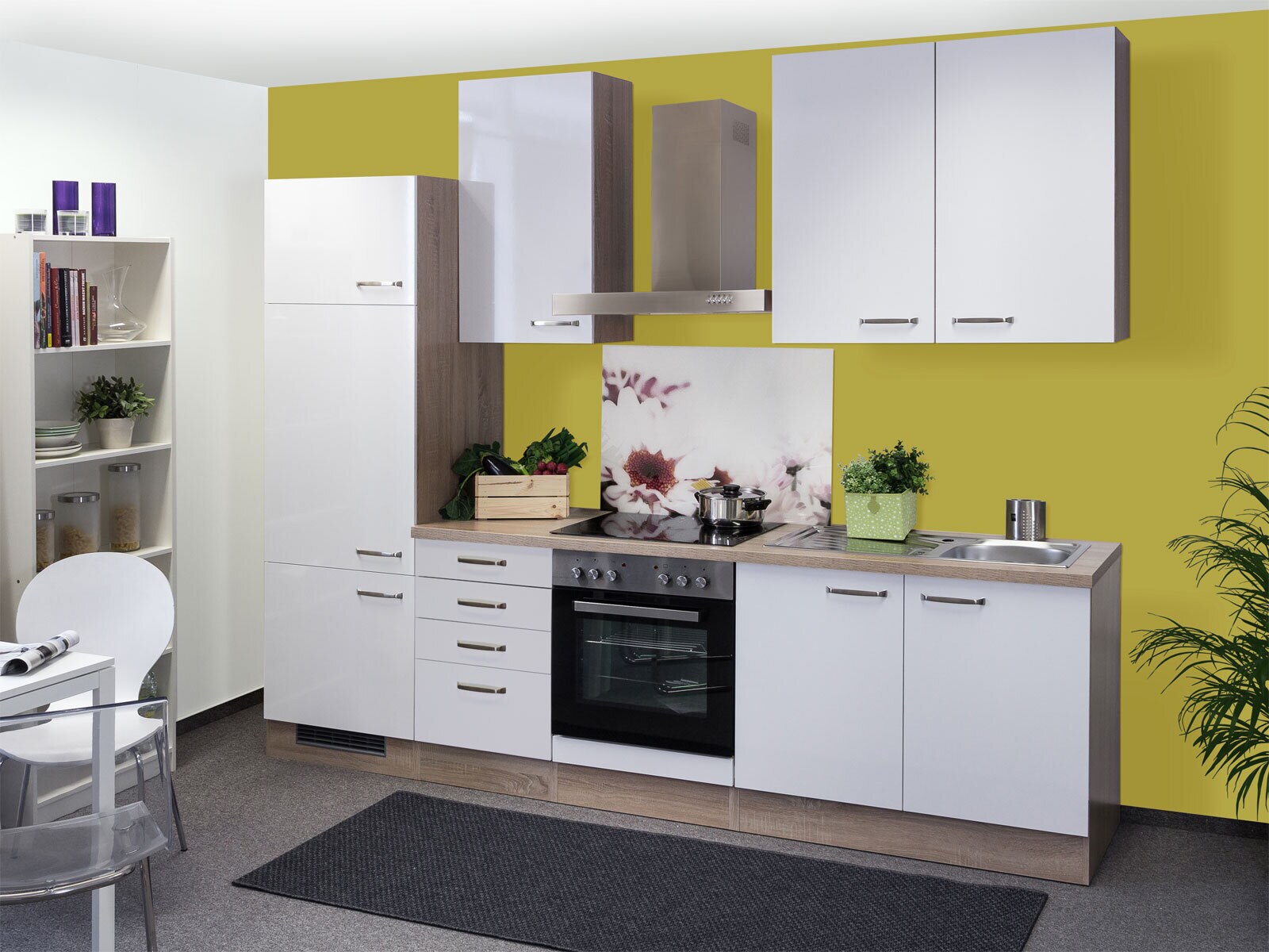 Küchenblock Valero Hochglanz Weiß / Eiche Sonoma inklusive E-Geräte
