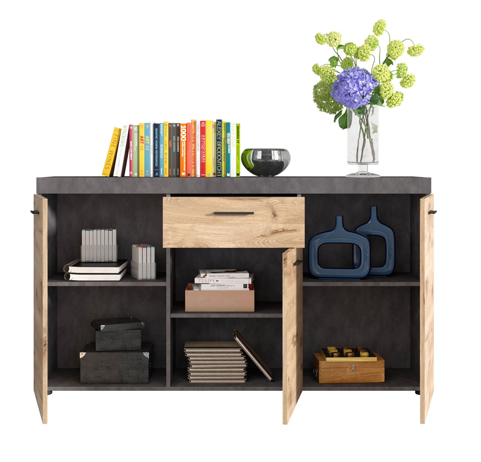 Sideboard SWIFT 160 x 89 cm Eiche braun/ grau