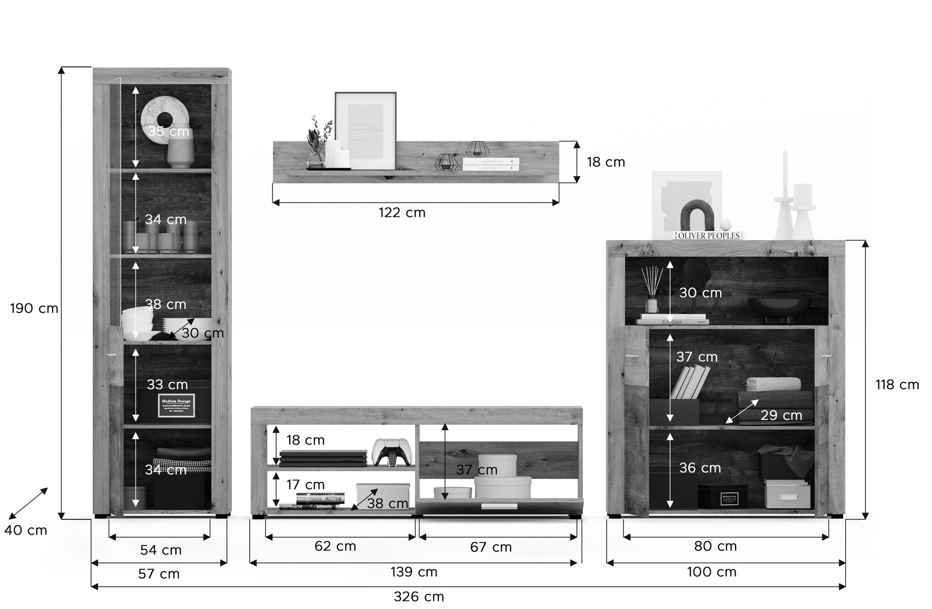 Wohnwand FLY 4-teilig 326x190 cm Braun