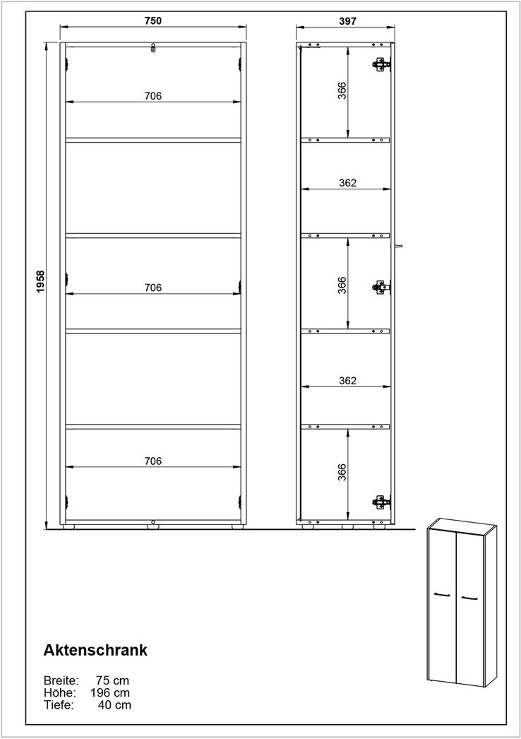 Aktenschrank PASADENA 75 x 196 cm Graphit/ Weiß