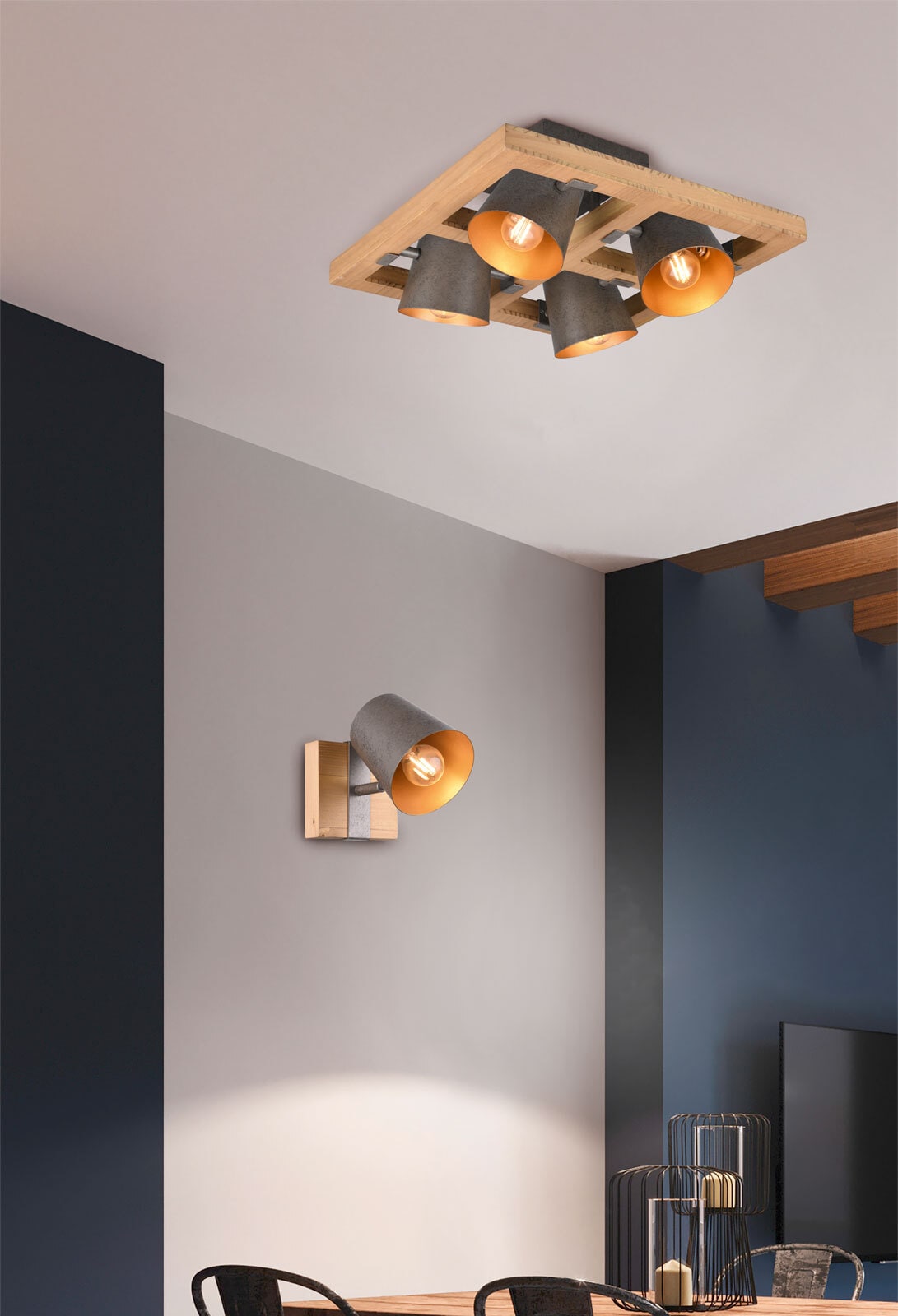 TRIO Retrofit Deckenlampe BELL Holz /nickelfarbig antik