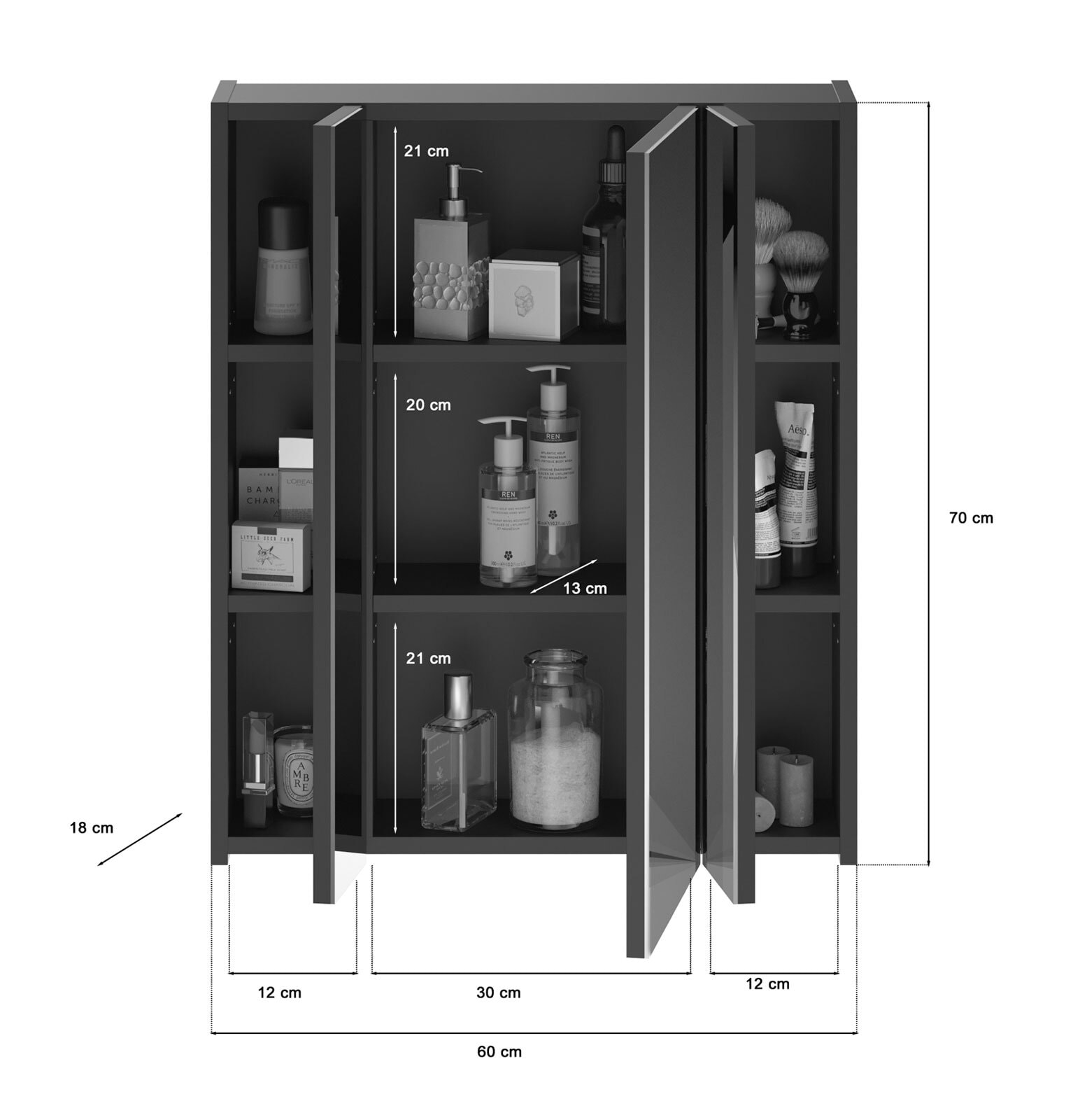 Spiegelschrank LINUS 60 x 70 cm schwarz