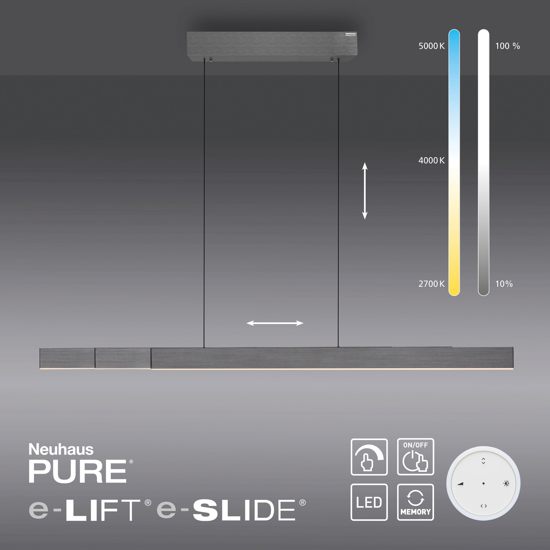 Paul Neuhaus LED Balkenpendel PURE-MOTO-RISE 3-flg grau eloxiert