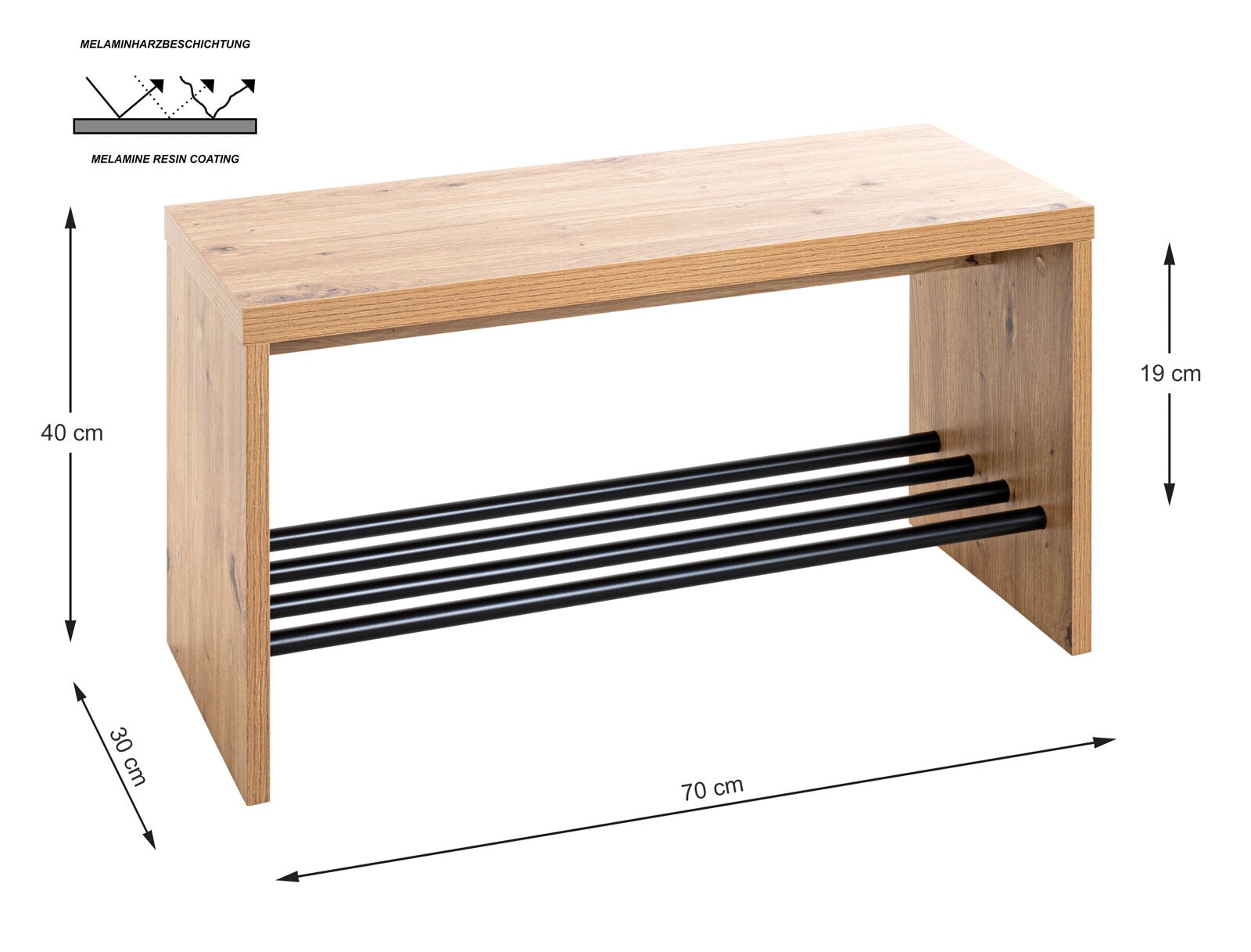 Garderobenbank 70 x 40 cm Eiche/ Schwarz