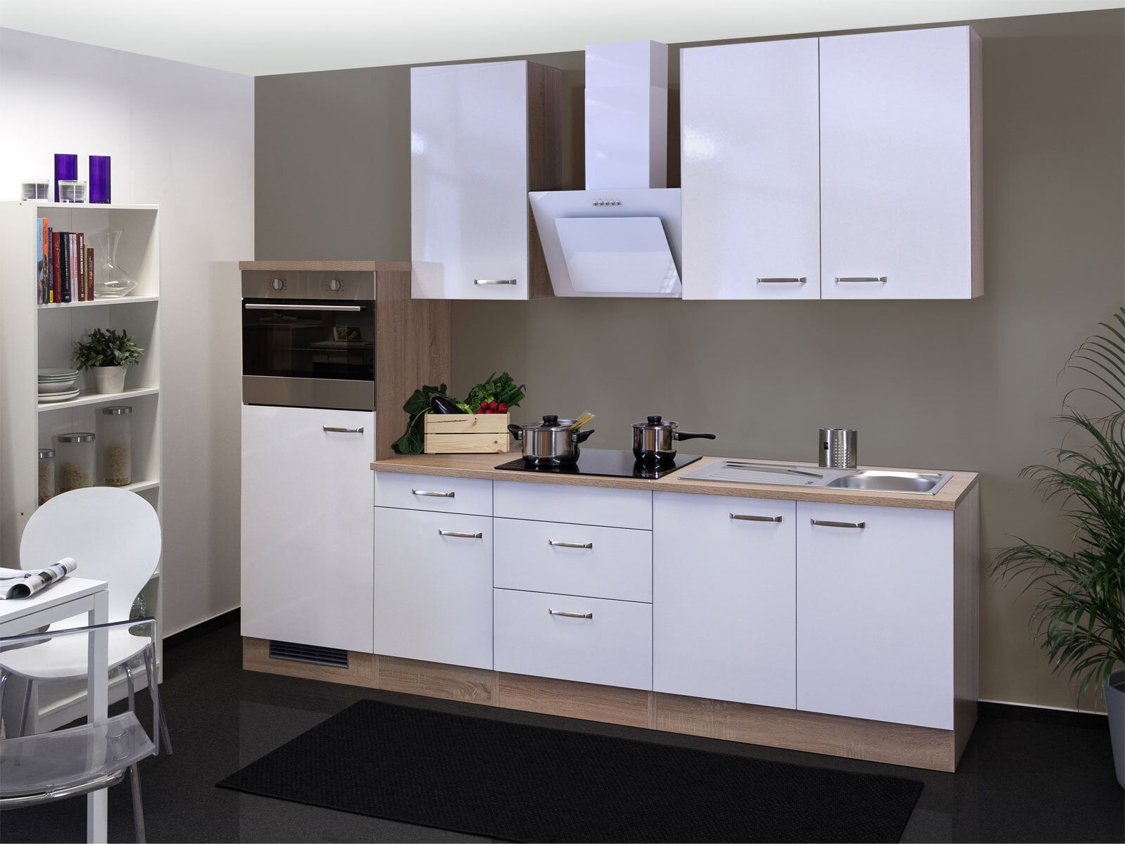 Küchenblock Valero Hochglanz Weiß / Eiche Sonoma inklusive E-Geräte
