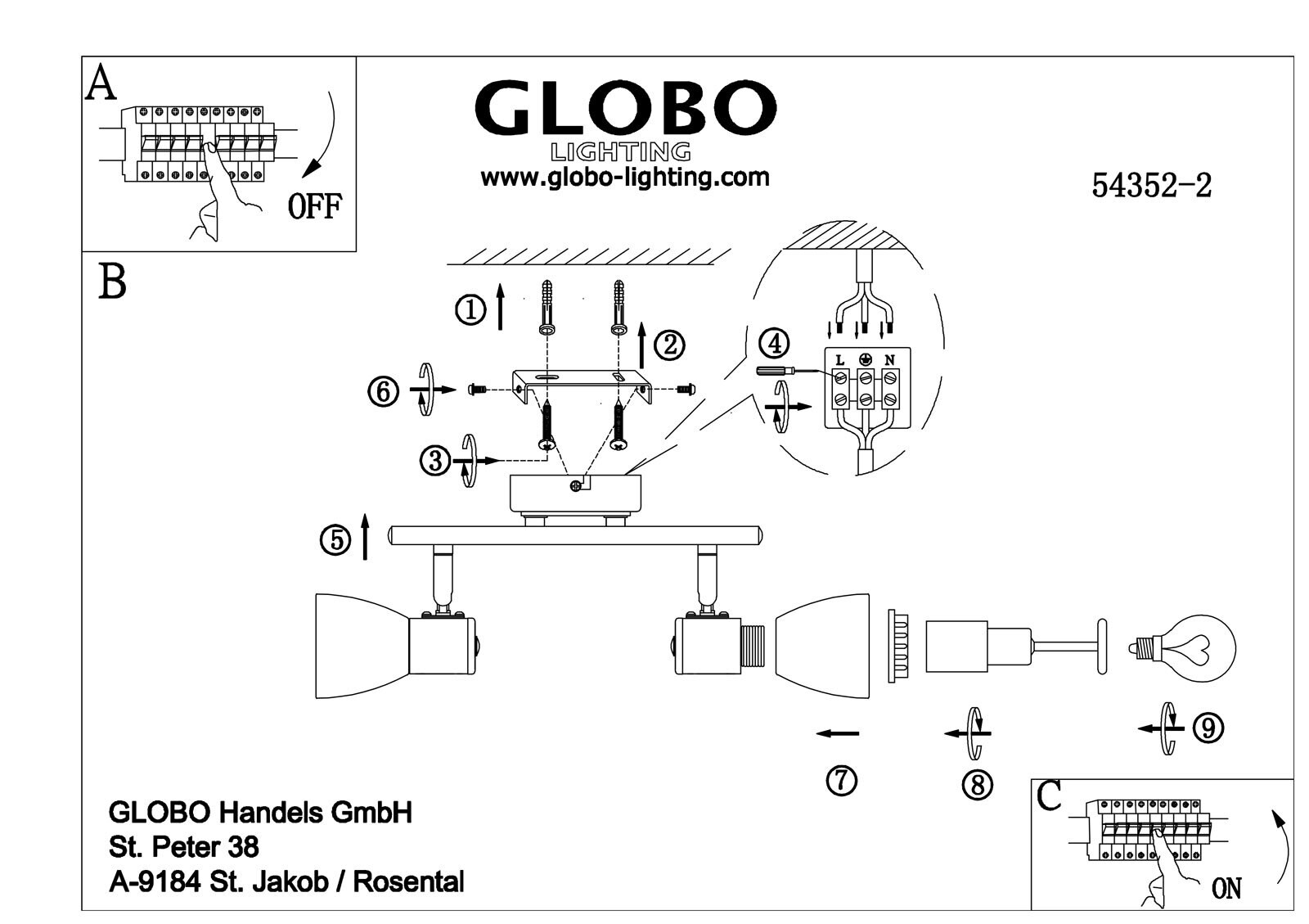 GLOBO Retrofit Wandlampe /Deckenlampe 2 Spots GYLFI Nickel mit hellem Holz