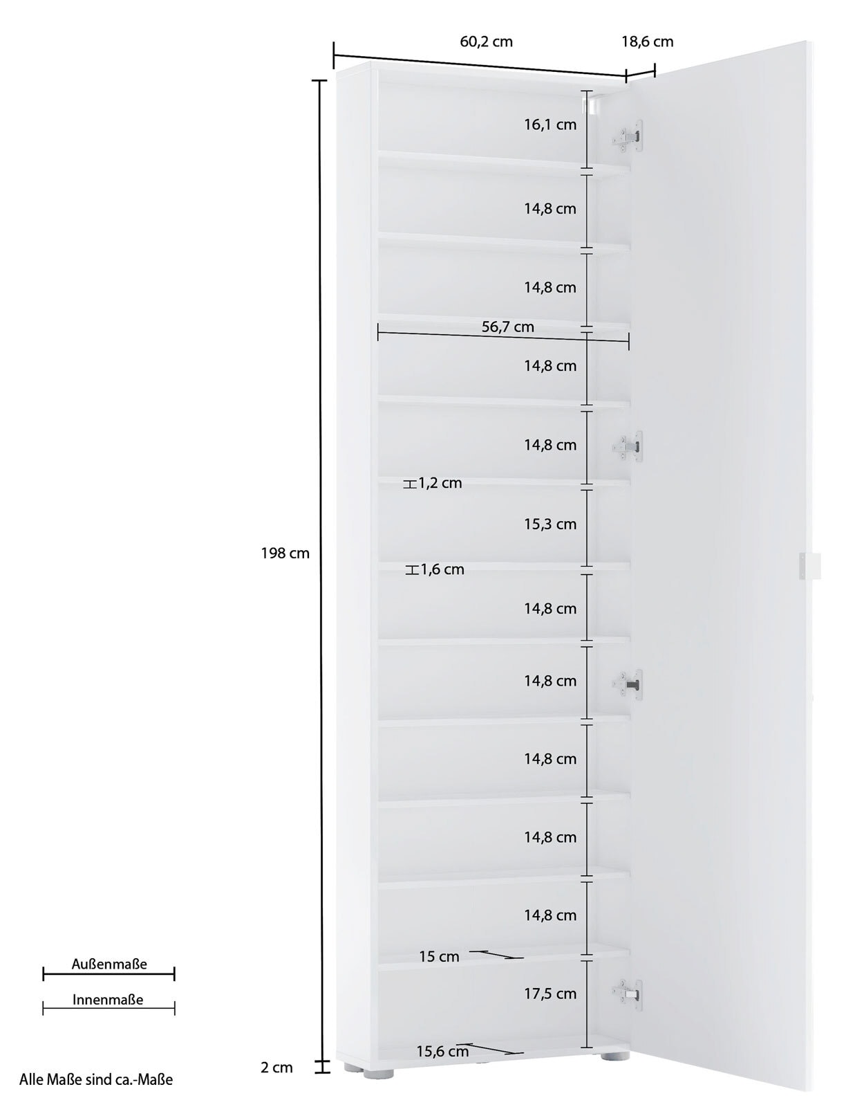 Schuhschrank 60 x 200 cm mit Spiegeltür