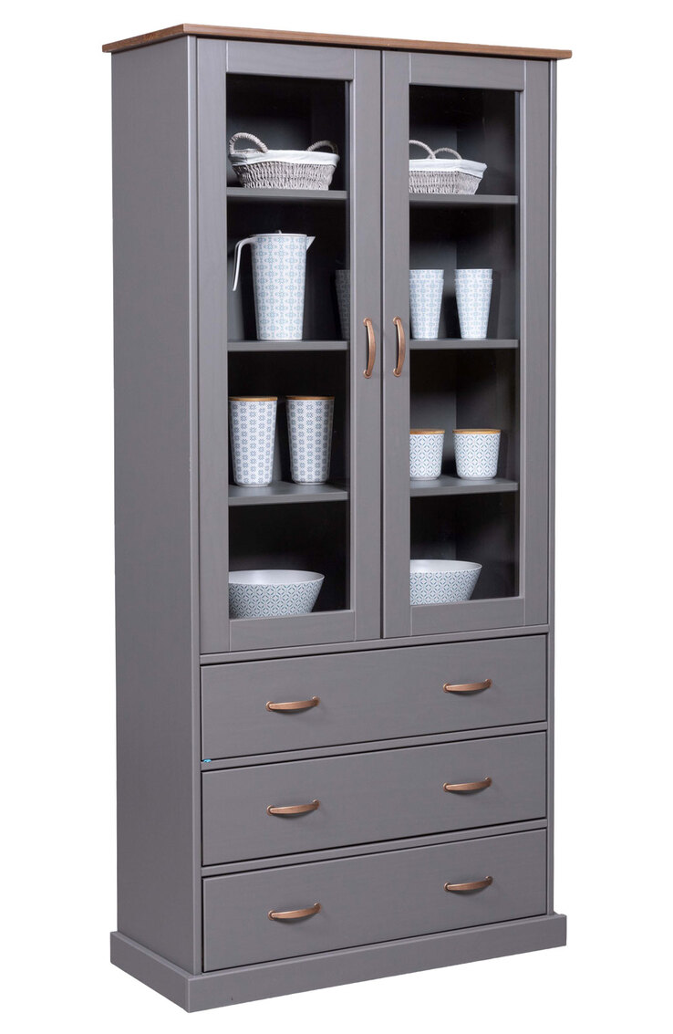 Vitrine NICLAS 90x190x38,4 cm Massivholz grau