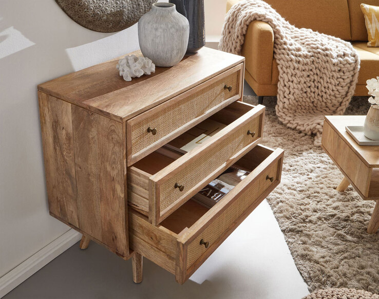Sideboard 80 x 75 cm Mango massiv und Rattan