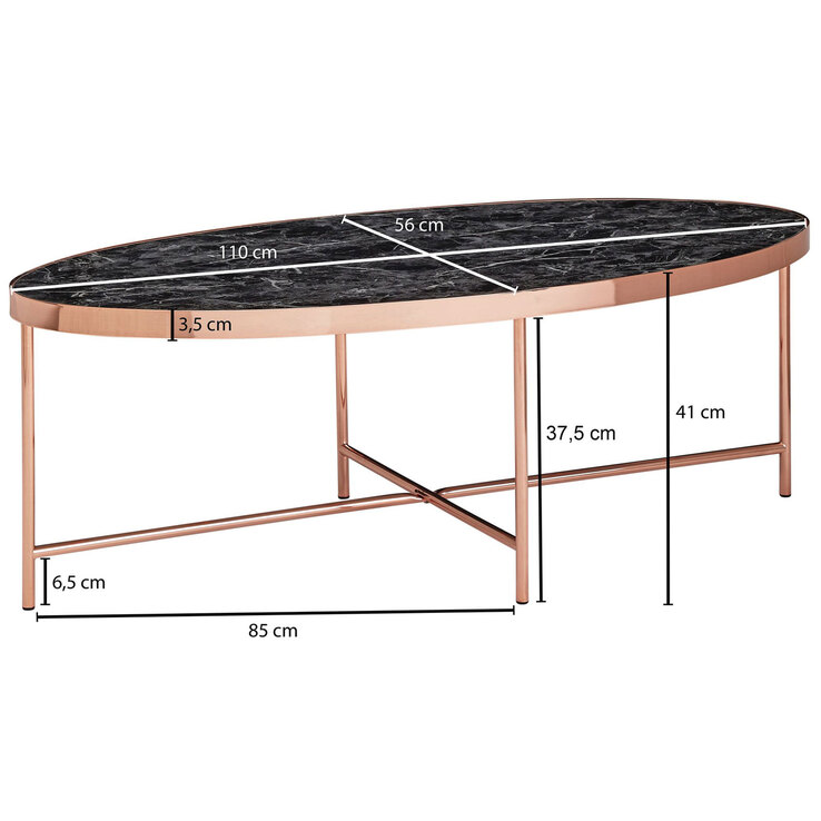 Couchtisch 110 x 56 cm Kupferfarbig/ Marmor Optik Schwarz
