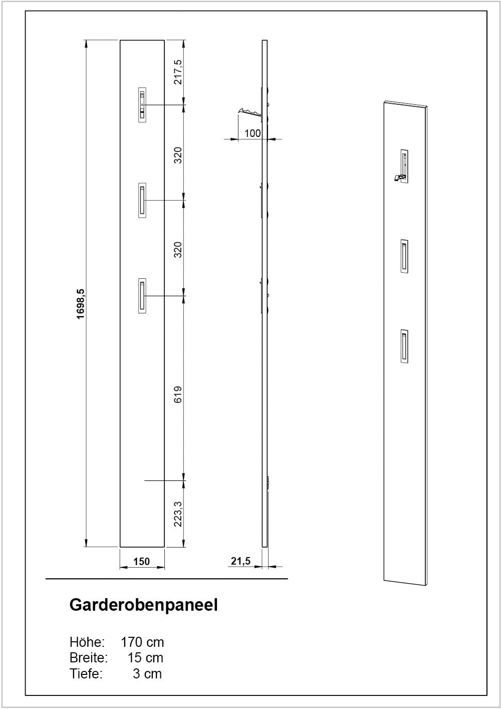 CASAVANTI Garderobenpaneel UTAH 15 x 170 cm weiß