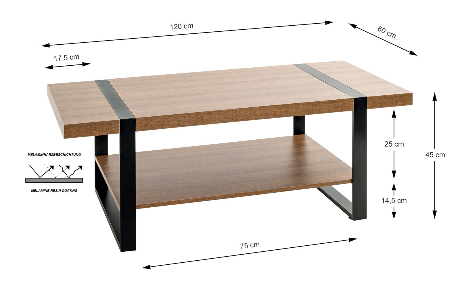 Couchtisch 120 x 60 cm Schwarz/ Eiche dunkel