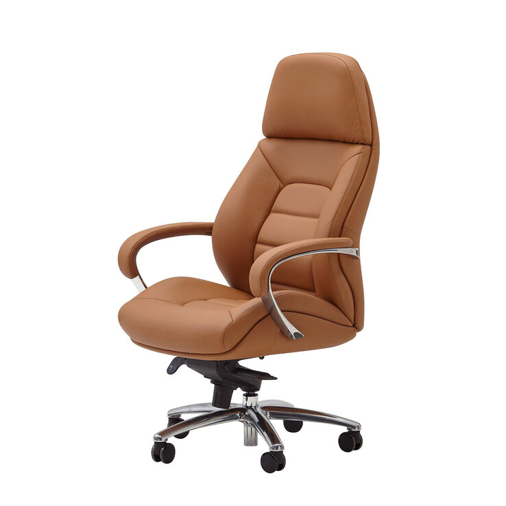 Chefsessel mit Armlehnen Silberfarbig/ Caramel Leder