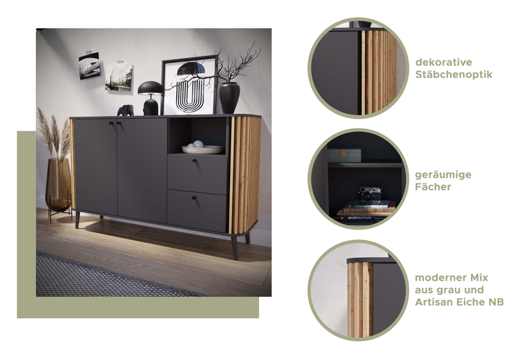 Sideboard PURE 138 x 88 cm grau-Dekor/Eiche-Dekor