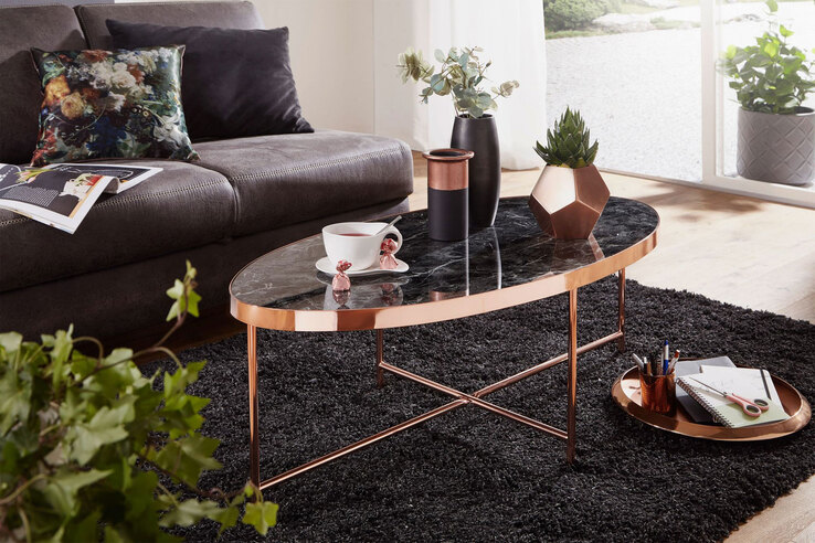 Couchtisch 110 x 56 cm Kupferfarbig/ Marmor Optik Schwarz