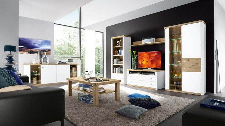 CASAVANTI Wohnwand ANDORRA 350 x 184 x 41 cm Asteiche furniert/ Lack weiß
