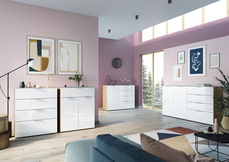 CASAVANTI Kommode OAKLAND 83 x 102 cm Glas Weiß/Navarra-Eiche-Dekor