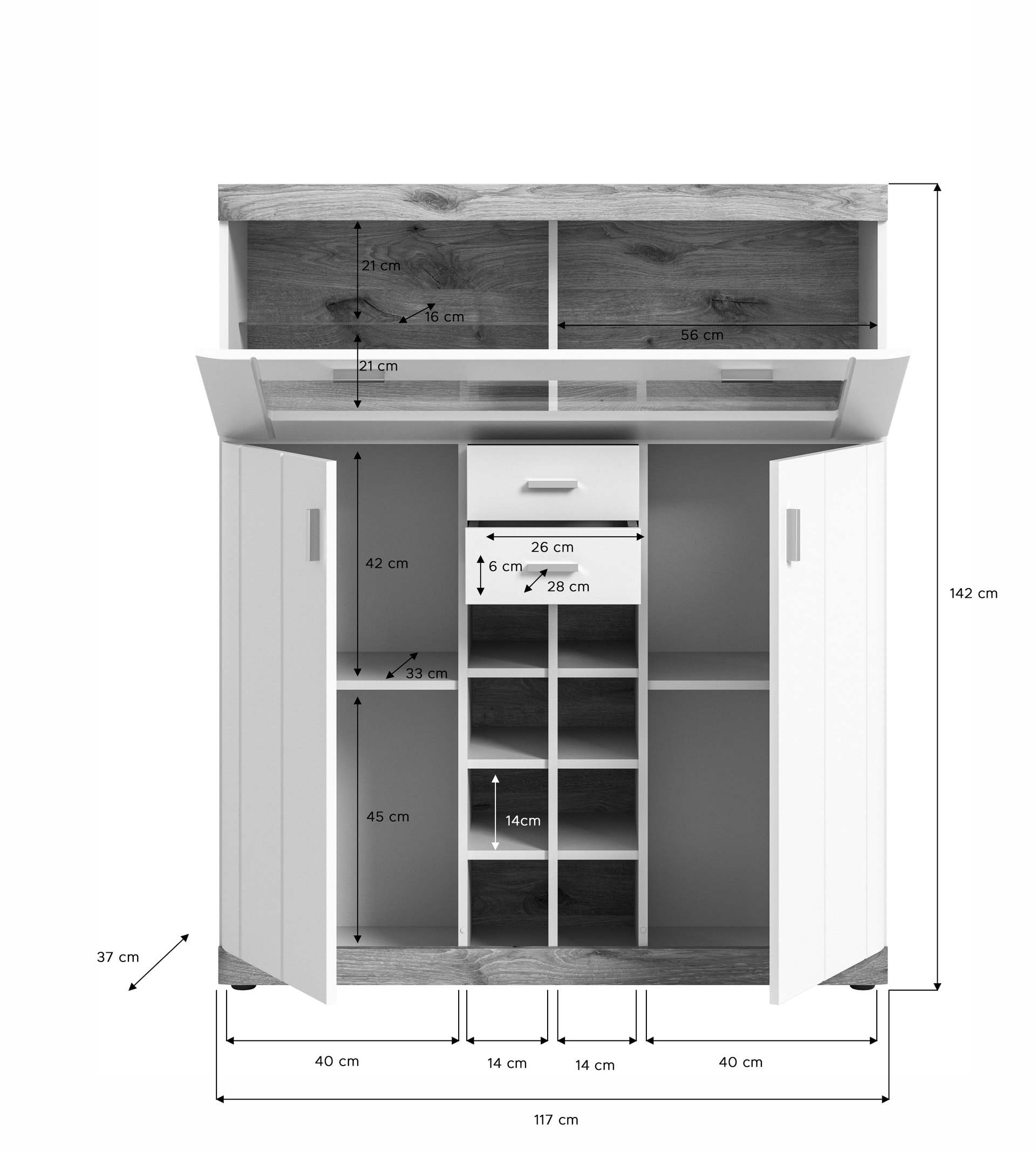 Barschrank LAREDO 117 x 142 cm weiß matt tiefgezogen/Nox Eiche Dekor