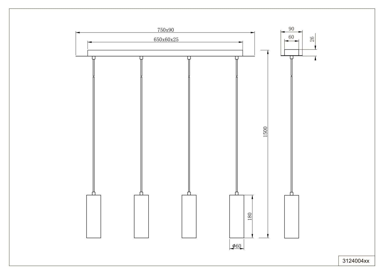 TRIO Retrofit Pendellampe MARLEY 4-flg mattschwarz