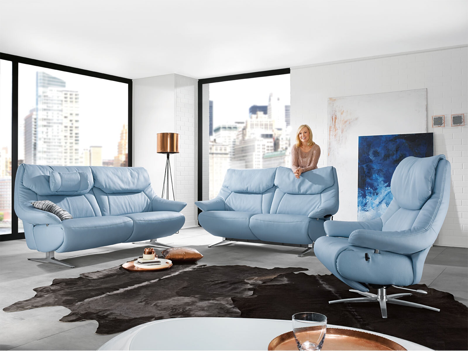 MONDO 2-Sitzer Sofa MALU Lederbezug Sky ca. 160 x 105 x 92 cm 