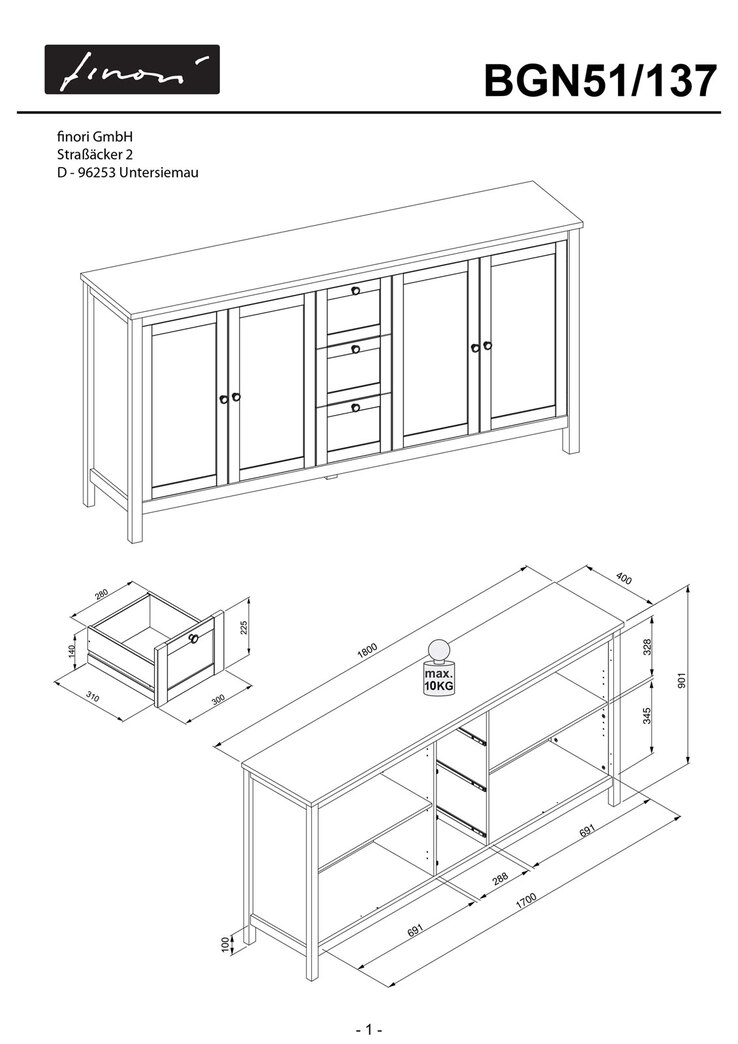 Sideboard BERGEN 180 x 90 cm weiß/Artisan Oak