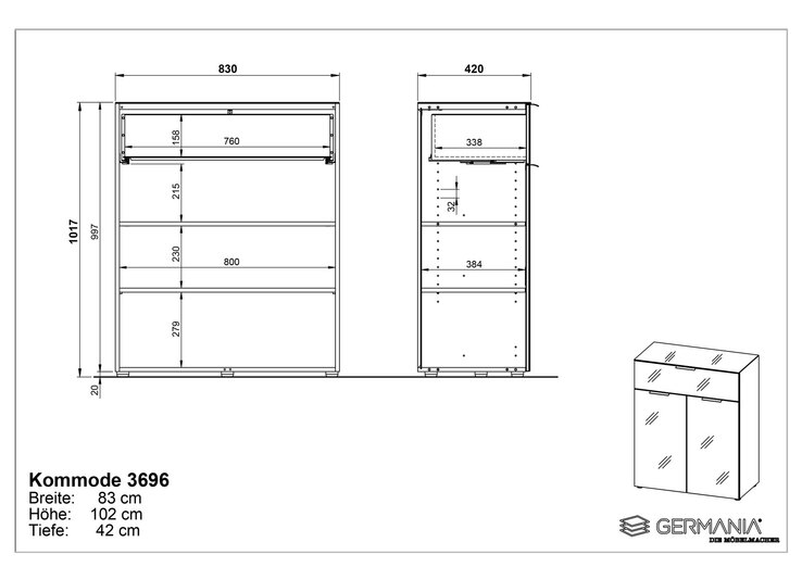 CASAVANTI Kommode OAKLAND 83 x 102 cm Glas Weiß/Navarra-Eiche-Dekor