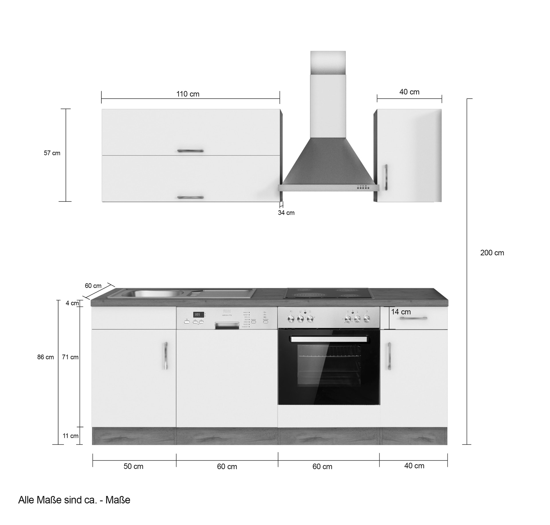 Küchenzeile ODENSE 210 cm Graphit/ Wotan Eiche Dekor