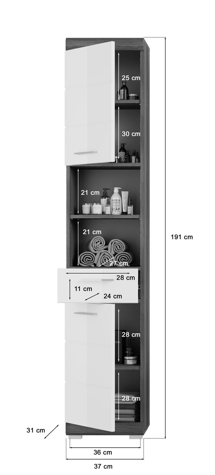 Hochschrank SCOUT 37 x 191 cm grau/ weiß Hochglanz