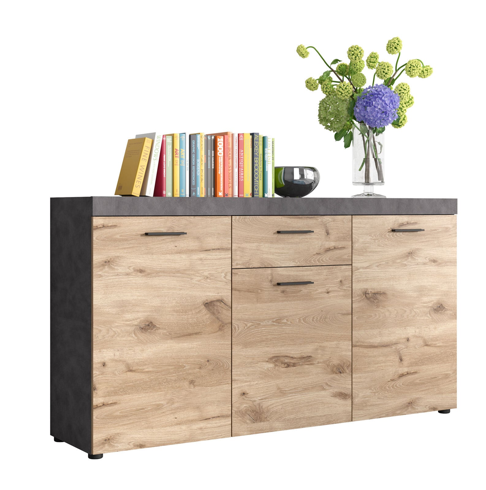 Sideboard SWIFT 160 x 89 cm Eiche braun/ grau