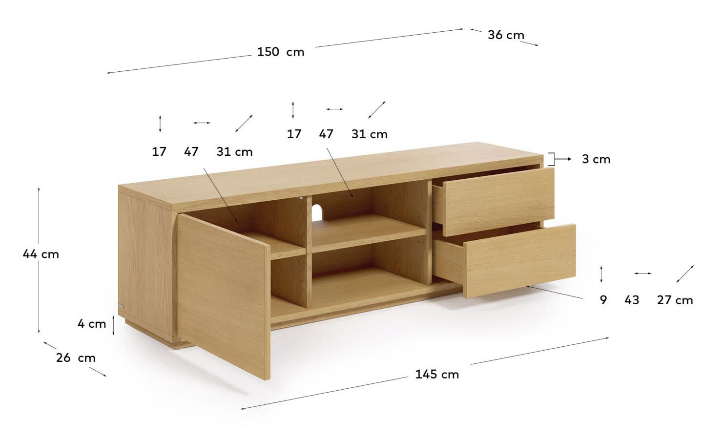 Kave Home Lowboard ABILEN 150 x 44 cm Eiche braun