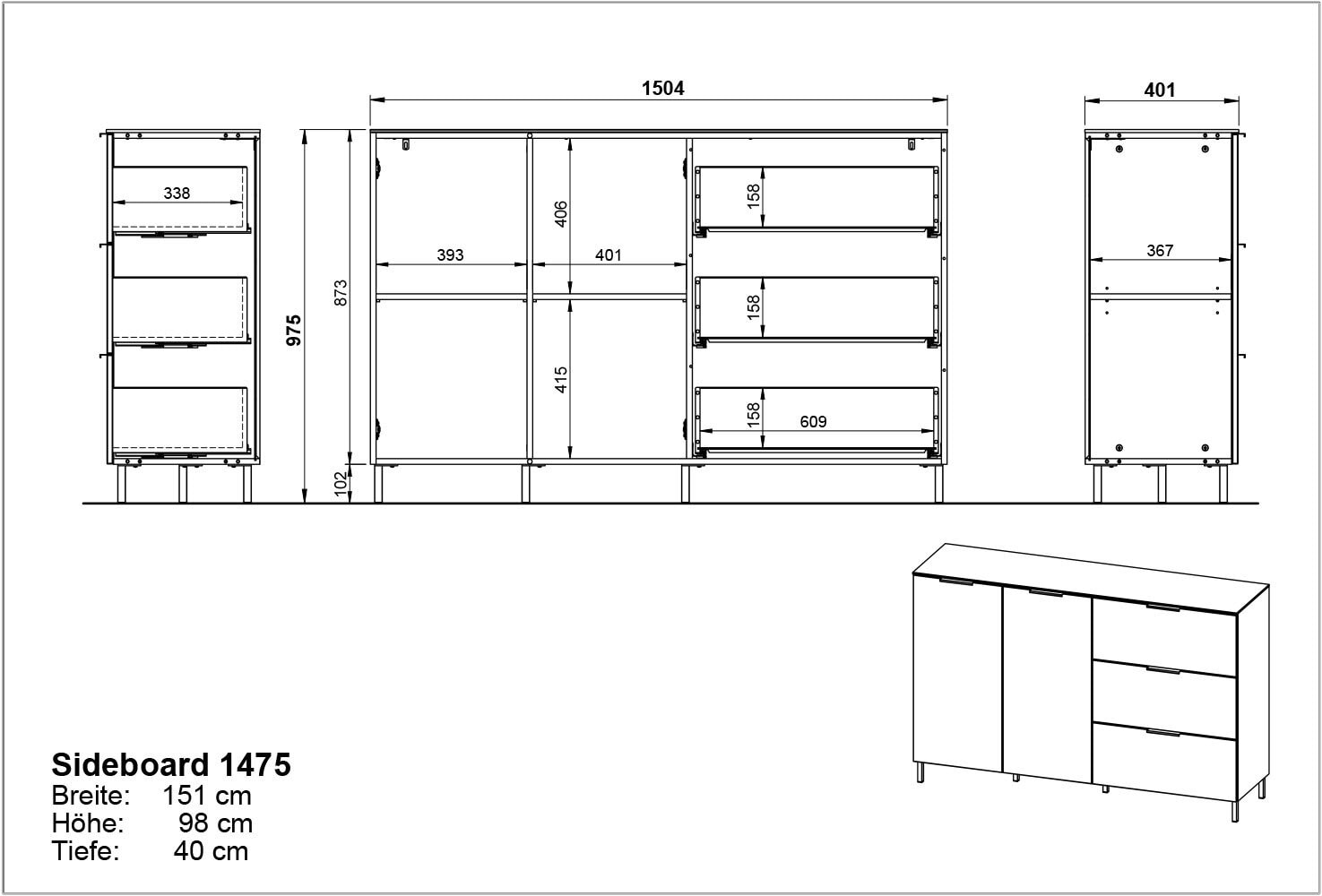 CASAVANTI Sideboard CALIFORNIA 151 x 98 cm Graphit/ Navarra-Eiche