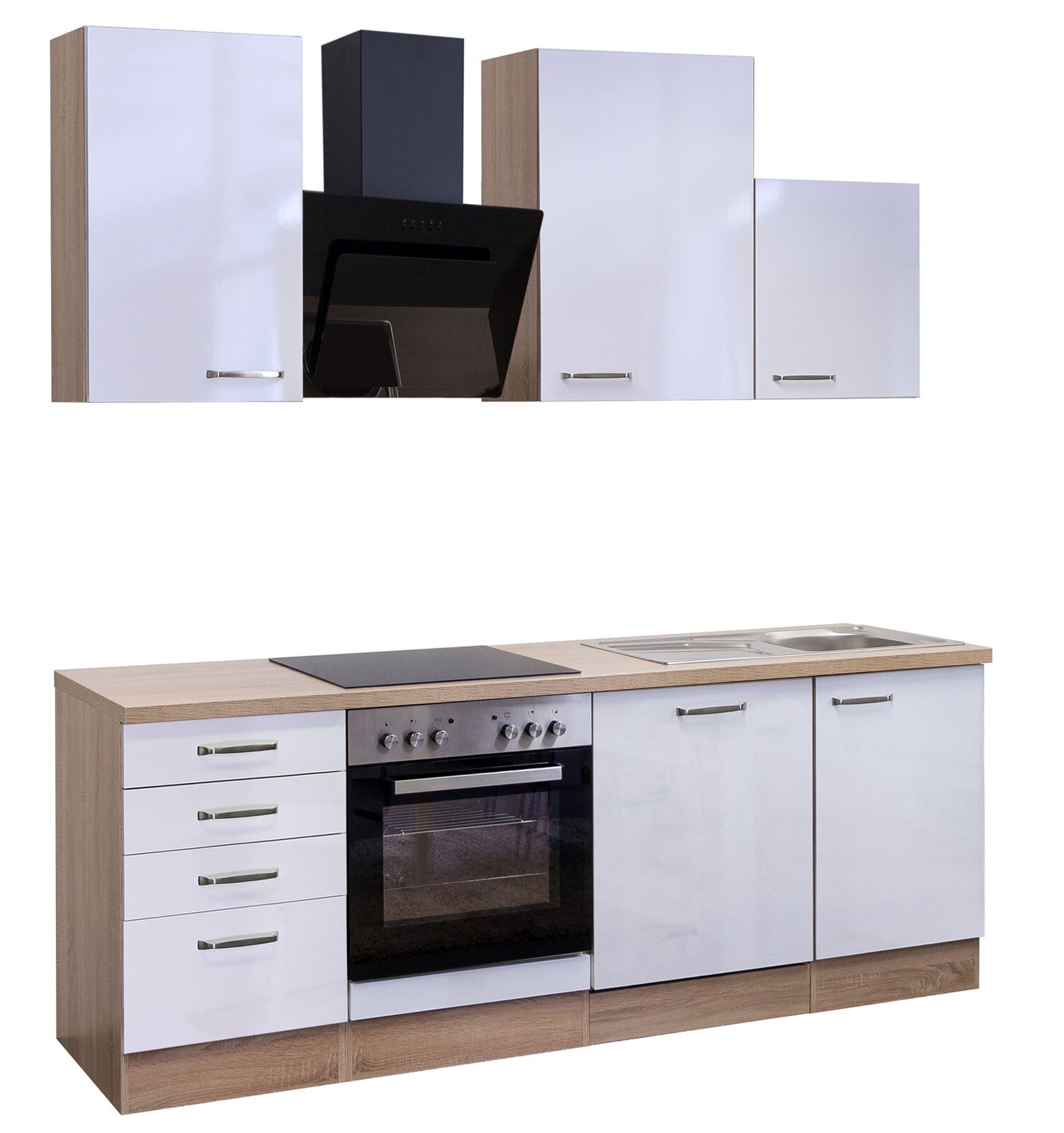 Küchenblock VALERO Hochglanz weiß / Sonoma Eiche mit E-Geräten schwarz