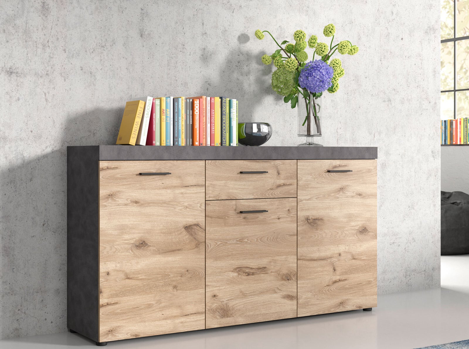 Sideboard SWIFT 160 x 89 cm Eiche braun/ grau