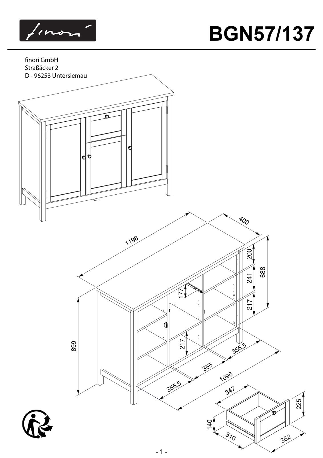 Sideboard BERGEN 120 x 90 cm weiß/Artisan Oak-Dekor